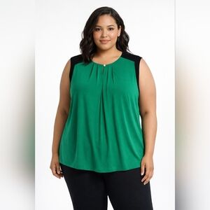 ELLE 2X Emerald Green Black Colorblock Blouse Flowy Work Top Business Casual Plu